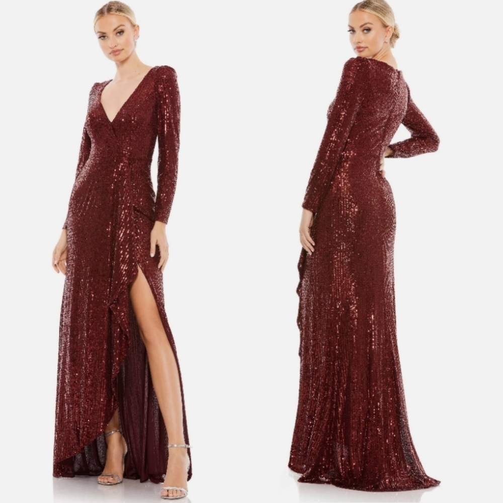 Mac Duggal | Sequin Wine Red Faux Wrap Gown NEW